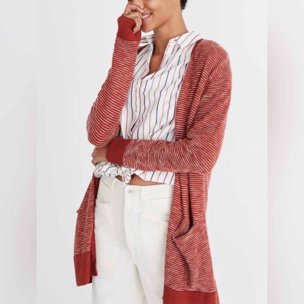 Madewell striped open cardigan sweater small Summer Ryder torch orange brown - Picture 2 of 12